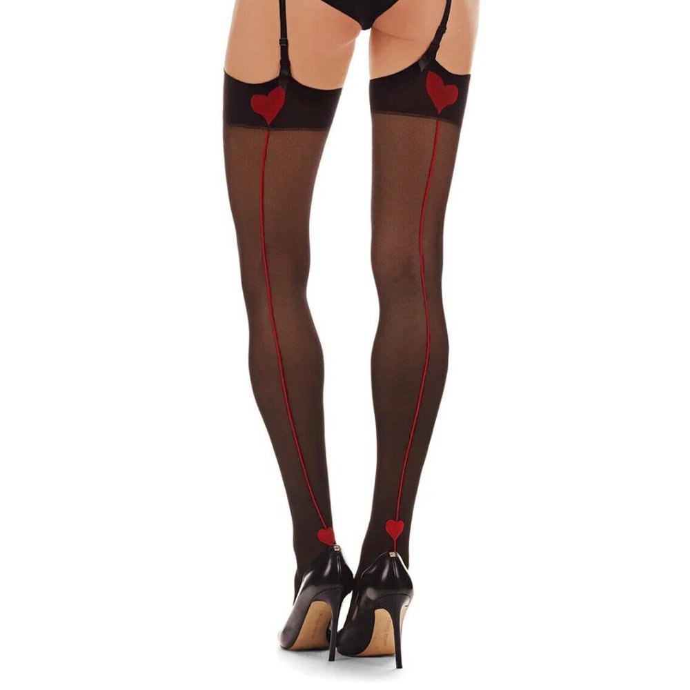 Stockings Sealed with a Heart Backseam Sheer Stockings Black/Red L/XL MeMoi NWT